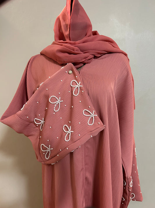 Pink pearl bow abaya